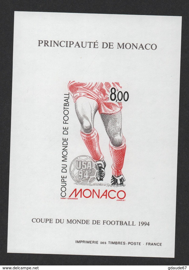 MONACO COUPE DU MONDE DE FOOTBALL USA 1994 - BLOC FEUILLET SPECIAL NON DENTELE  IMPERFORATED N° 25a - Blokken