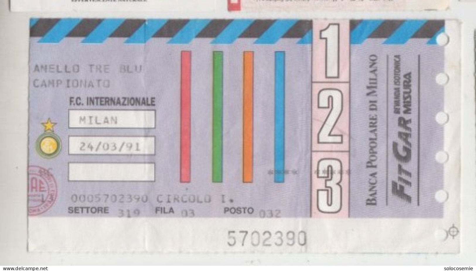 24/03/1991  INTER -MILAN  #  Calcio  #  Ingresso  Stadio / Ticket  5702390 - Eintrittskarten