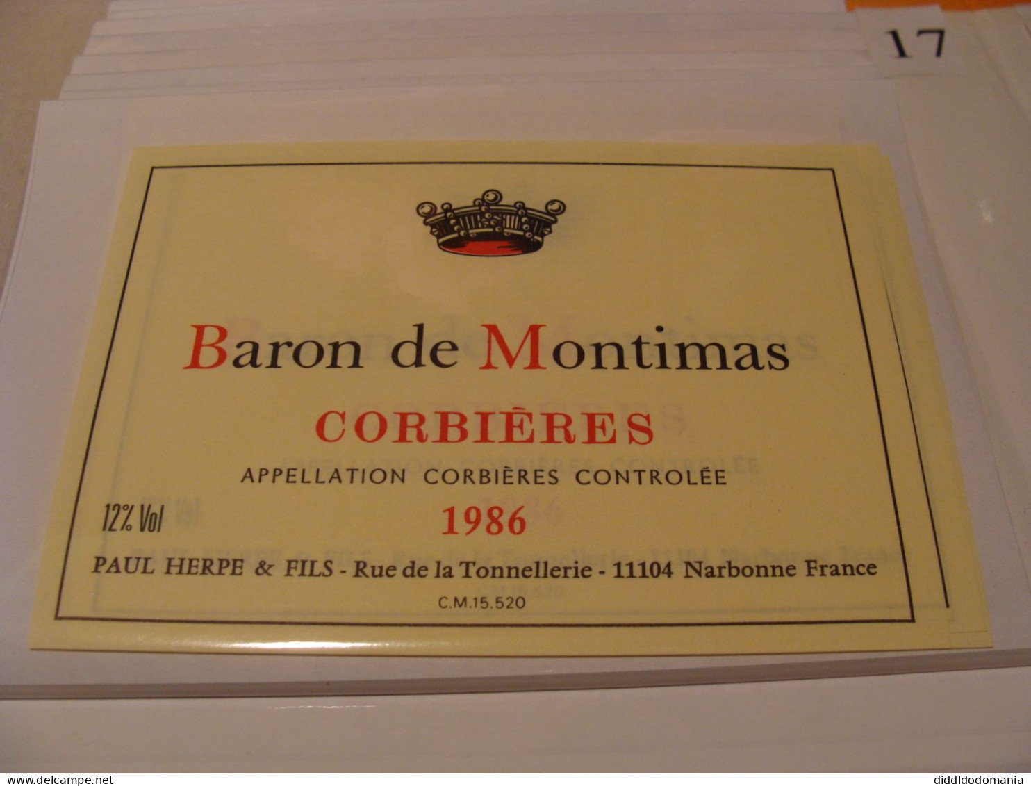 Etiquette De Vin Jamais Collée Wine Label  Weinetikett 1 Etiquettes Languedoc Roussillon Corbieres Baron  Montimas 1986 - Languedoc-Roussillon