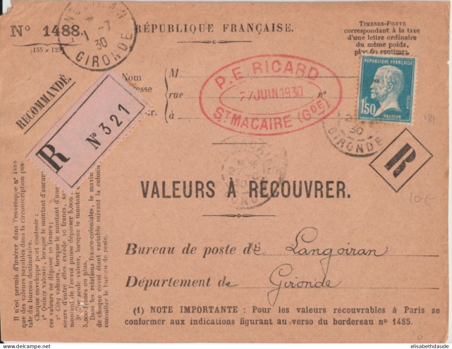 1930 - PASTEUR YT 181 SEUL Sur DEVANT DE LETTRE VALEURS RECOUVREES De ST MACAIRE (GIRONDE) - 1922-26 Pasteur