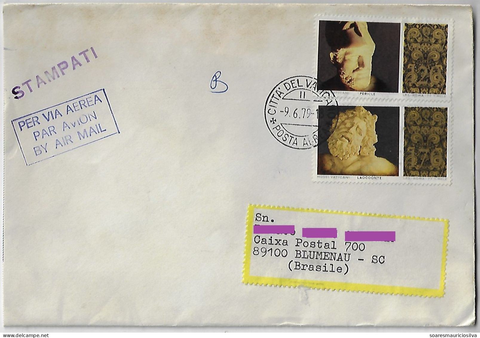 Vatican 1979 Airmail Cover Sent To Blumenau Brazil 2 Stamp Sculpture Series Pericles And Laokoon - Covers & Documents