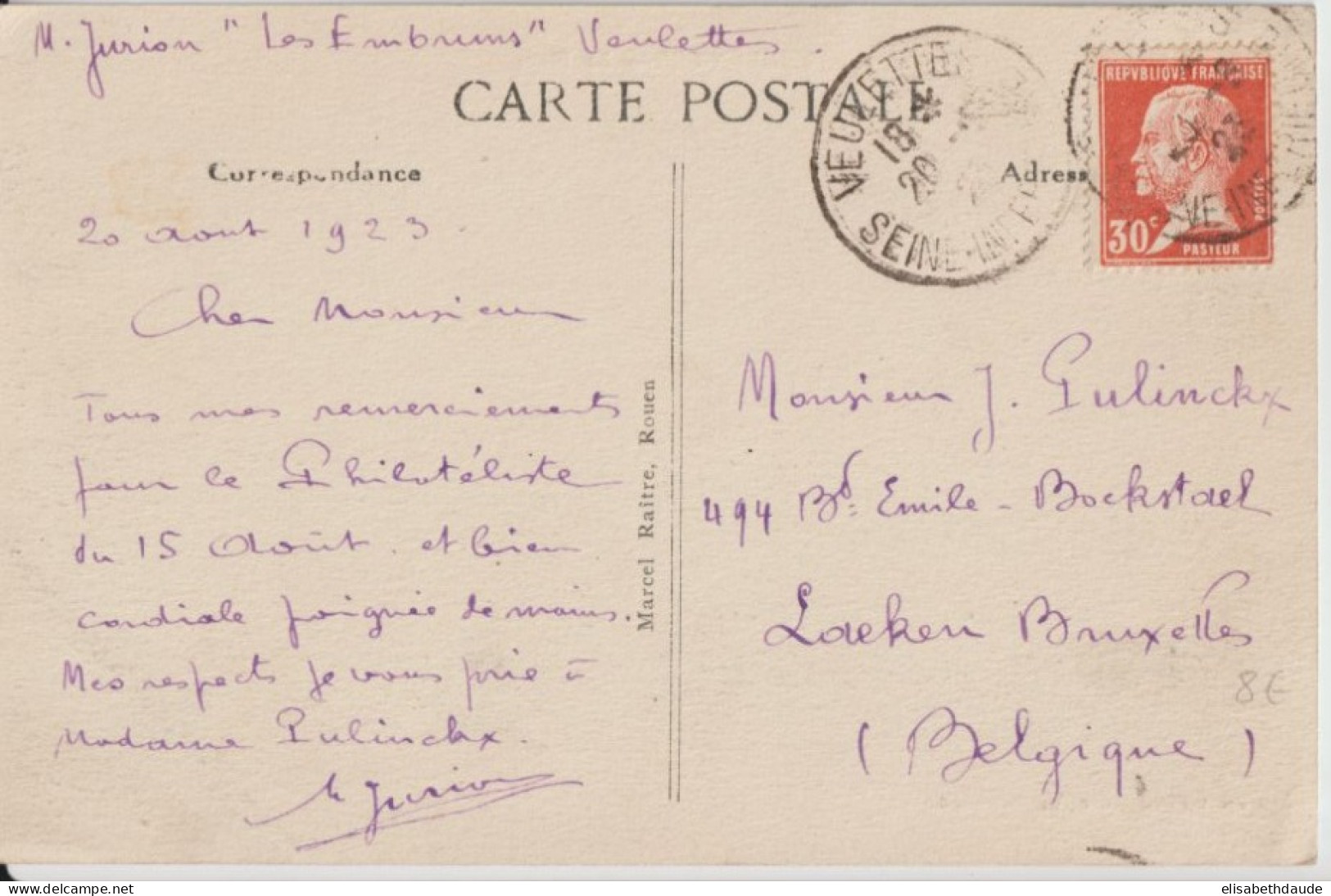 1923 - PASTEUR YT 173 SEUL Sur CP De VEULETTES (SEINE INFERIEURE) => LAEKEN (BELGIQUE) - 1922-26 Pasteur