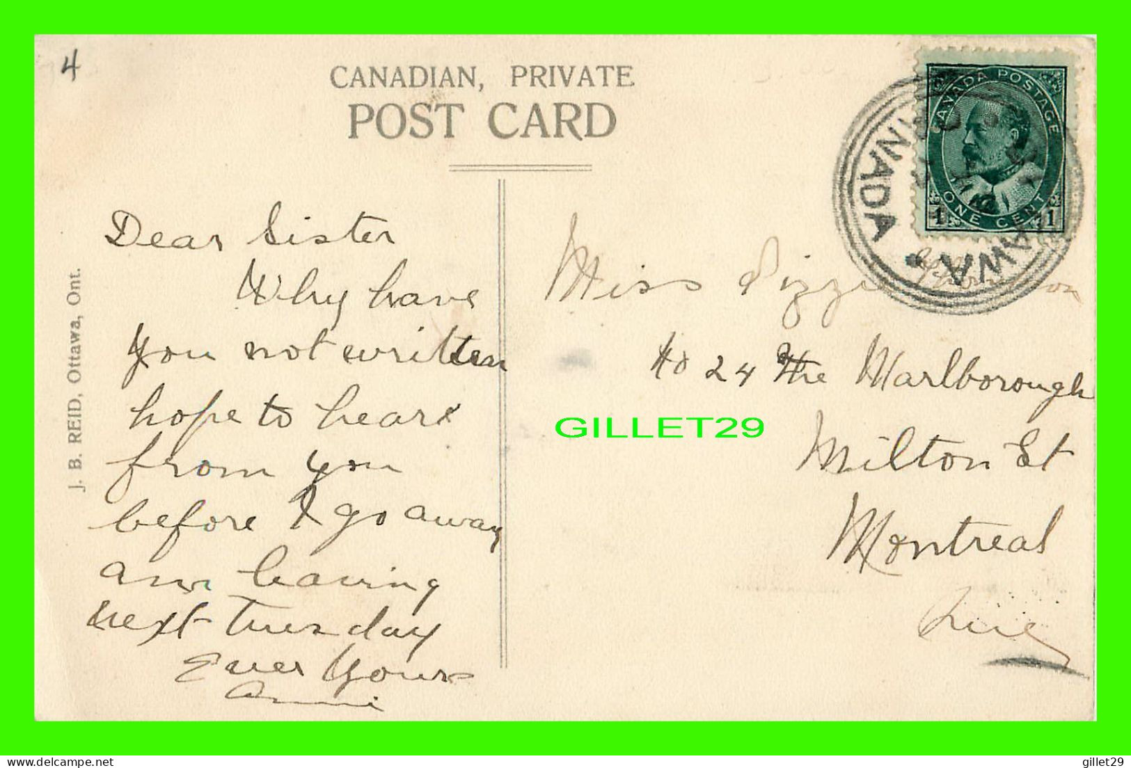 OTTAWA, ONTARIO - TOWER, HOUSE OF PARLIAMENT - TRAVEL IN 1908 -  J. B. REID - - Ottawa