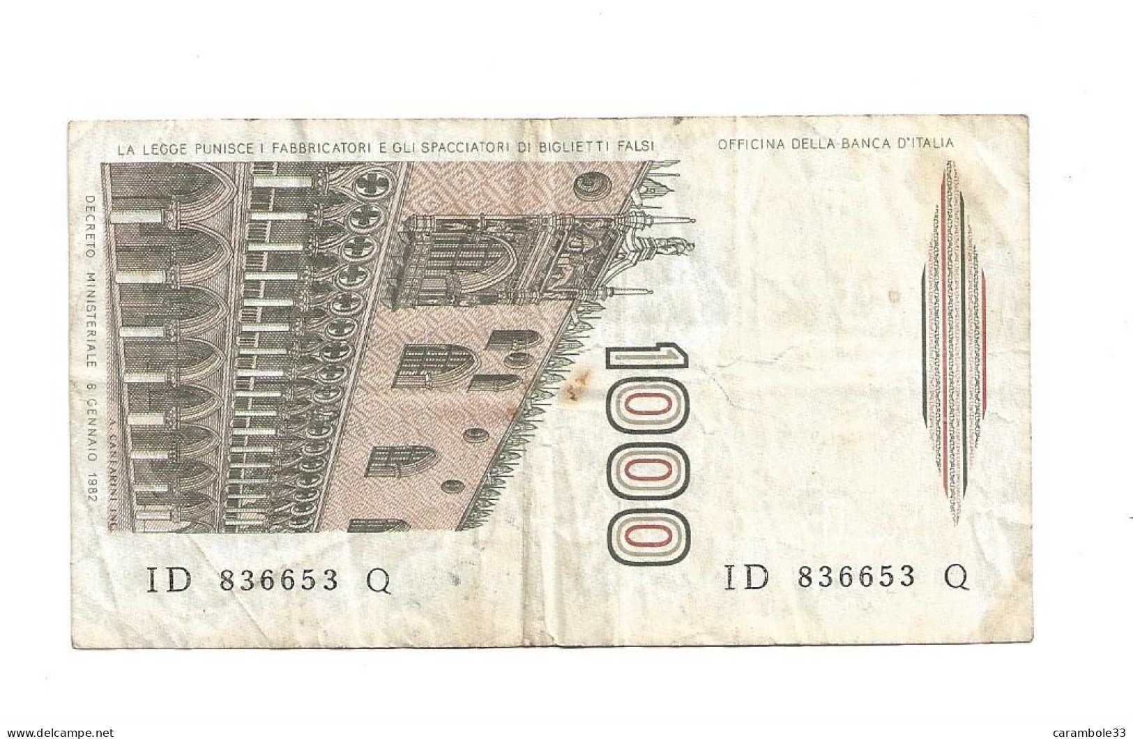 Billet  BANCA  D'ITALIA   LIRE  MILLE - To Identify