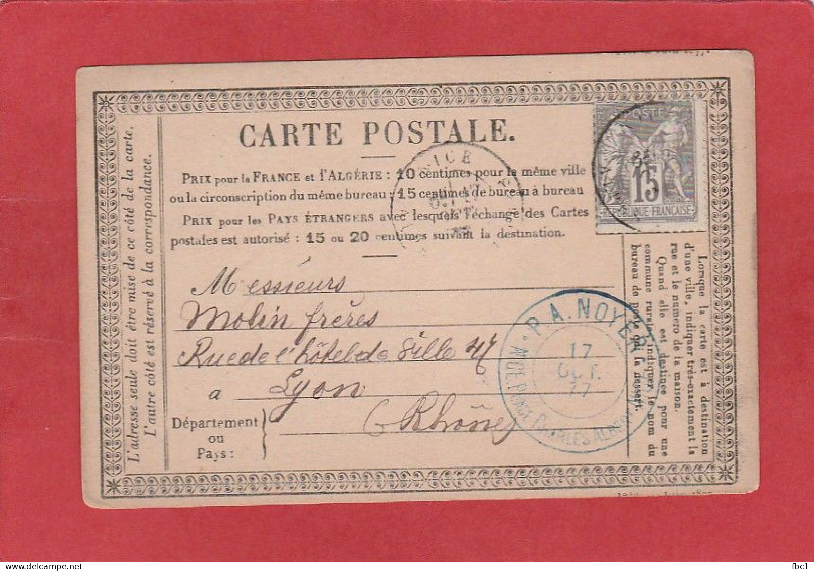 Carte Postale - 15C Type Sage - Alpes Maritimes - Nice Vers Lyon 1877 - Cartes Précurseurs