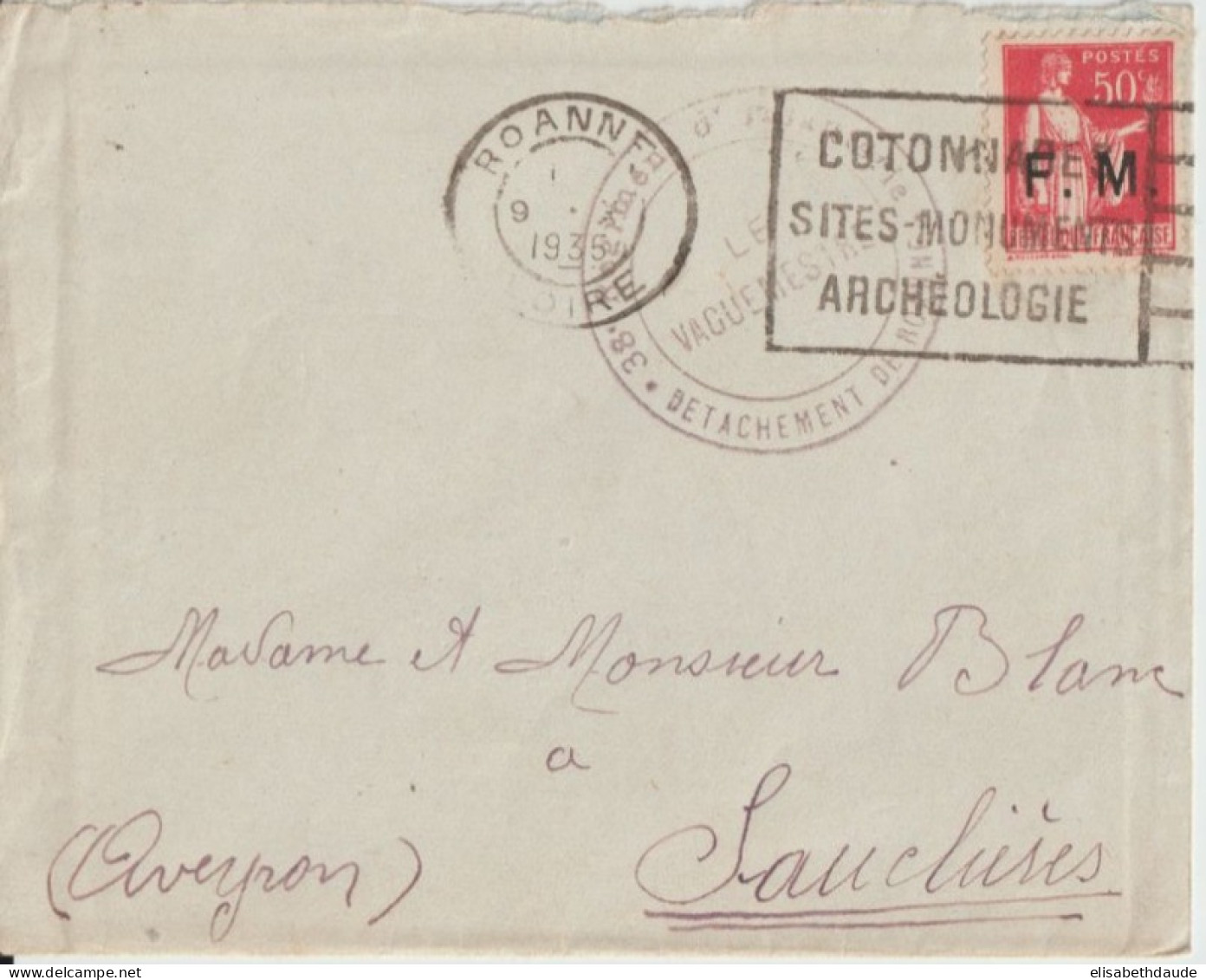 1935 - PAIX SURCHARGE FM ! SEUL Sur LETTRE Du DETACHEMENT Du 38° RI De ROANNE (LOIRE) ! => SAUCLIERES - 1932-39 Peace