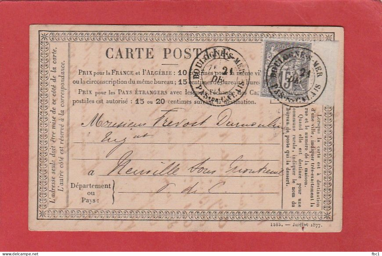 Carte Postale - 15C Type Sage - Pas De Calais - Boulogne Sur Mer Vers Montreuil Sur Mer 1877 - Cartes Précurseurs