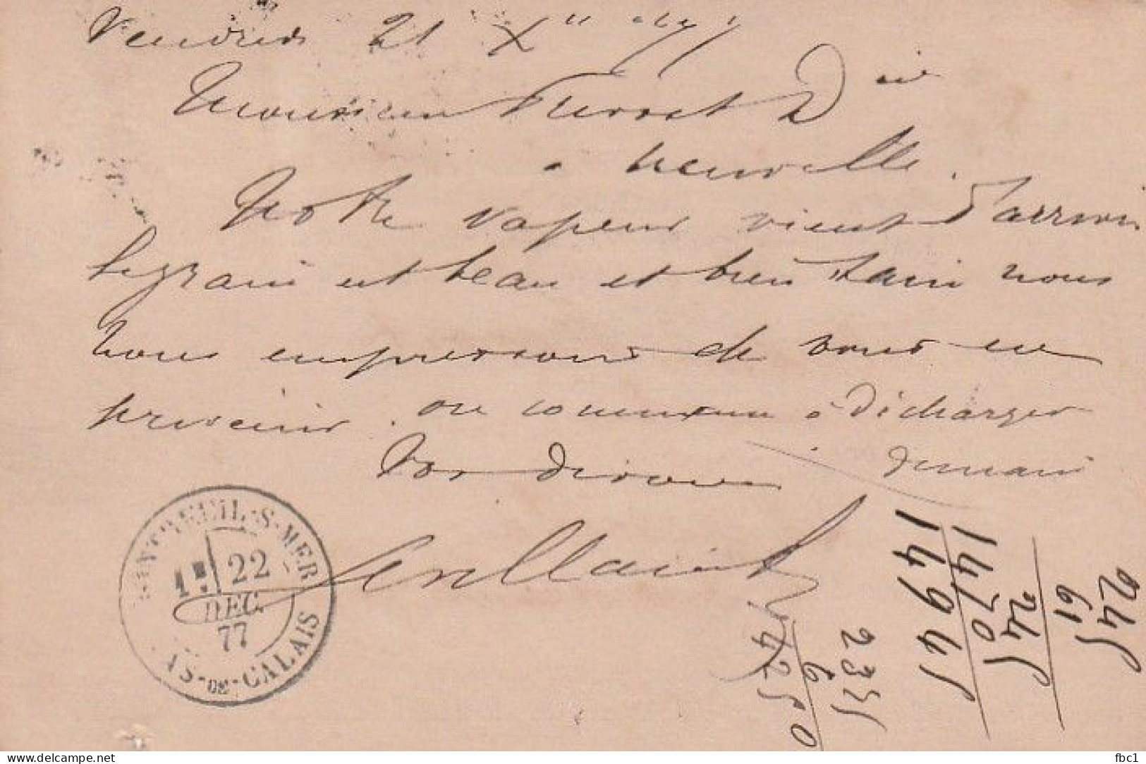 Carte Postale - 15C Type Sage - Pas De Calais - Boulogne Sur Mer Vers Montreuil Sur Mer 1877 - Cartes Précurseurs