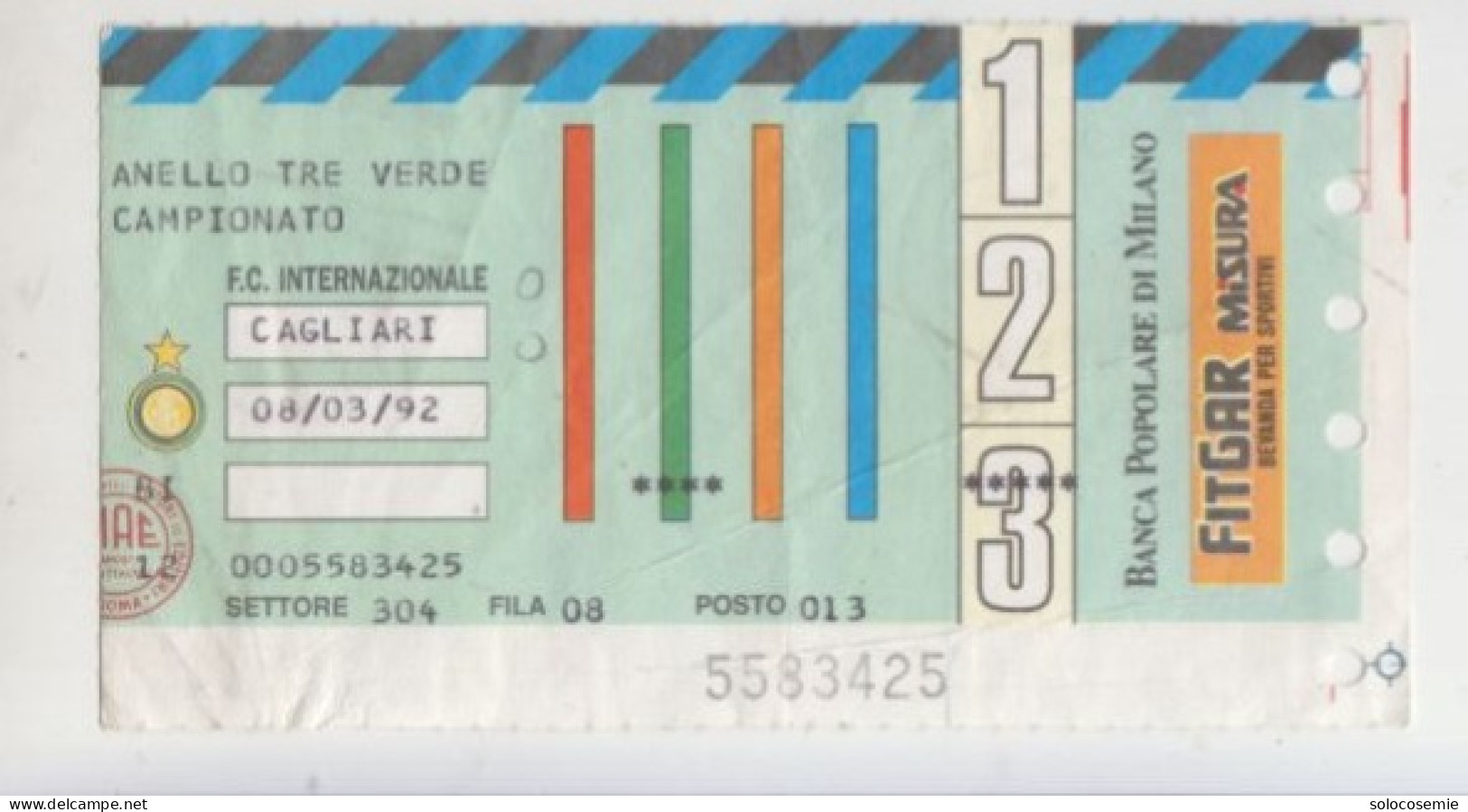 8/03/1992 #  INTER - CAGLIARI  - Calcio  #  Ingresso  Stadio / Ticket  5583425 - Eintrittskarten