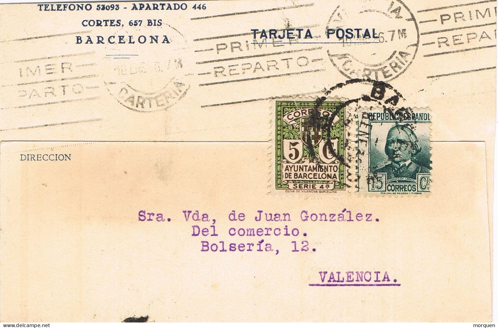 51232. Tarjeta Comercial BARCELONA 1936. Sello Recargo Exposicion. Repoublica. CARTERIA - Barcelona