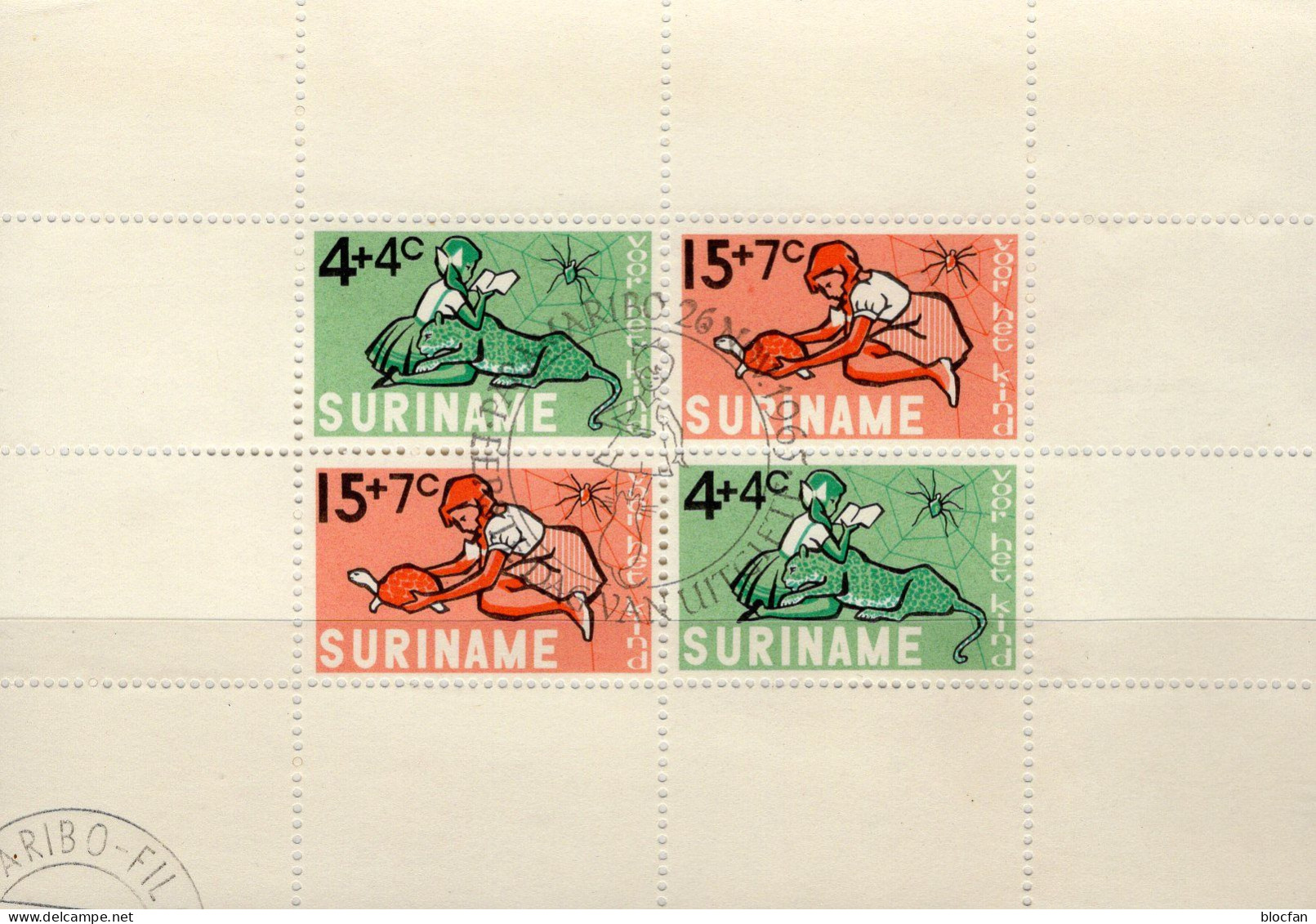 Spiel Vor Het Kind 1965 Suriname Block 4 O 2€ Mädchen Mit Buch Schildkröte Tiger M/s Hoja Bloc Girl Ss Sheet Bf Children - Gebruikt