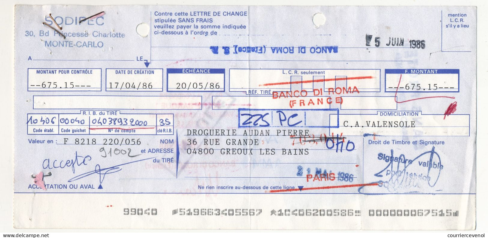 Monte-Carlo - Traite Sodipec - Fiscaux 0,05F Et 0,20F + Français 3,00F Apposés Au Dos - 1986 - Fiscales