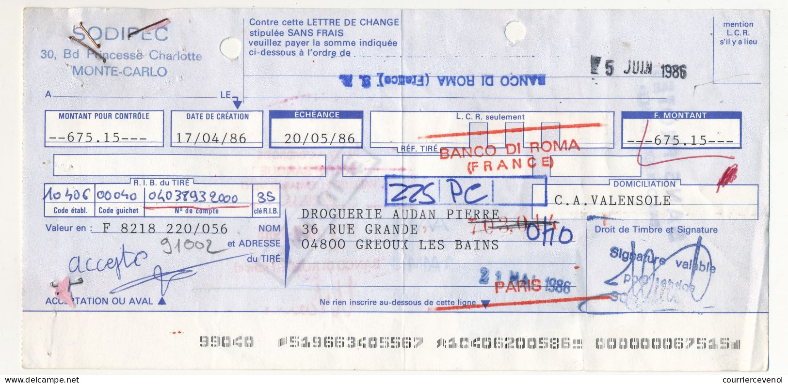 Monte-Carlo - Traite Sodipec - Fiscaux 0,05F Et 0,20F + Français 3,00F Apposés Au Dos - 1986 - Fiscale Zegels