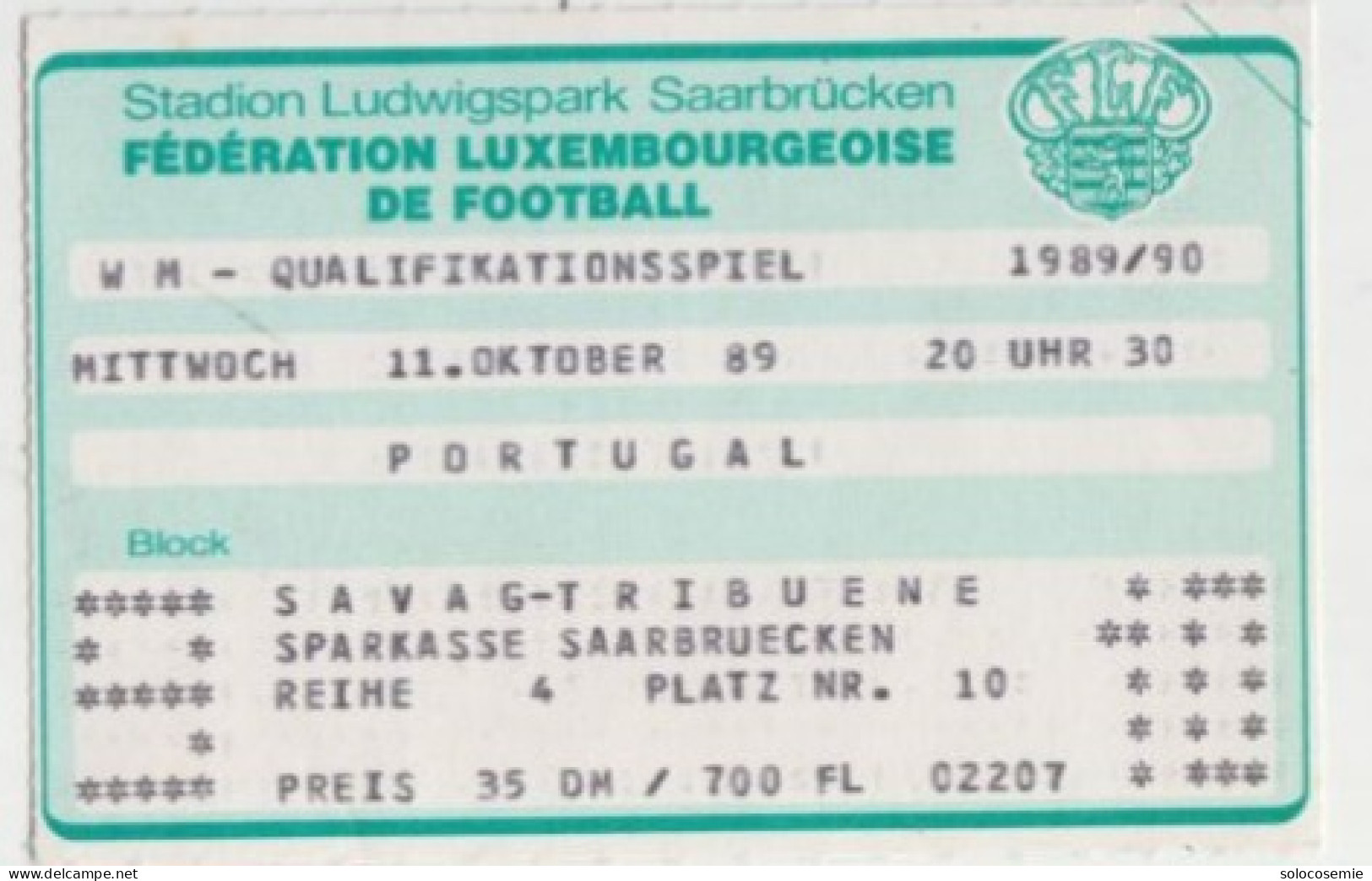 1989/90  LUXEMBOURG   - PORTUGAL  # Calcio  #  Ingresso  Stadio / Ticket  02207 - Eintrittskarten