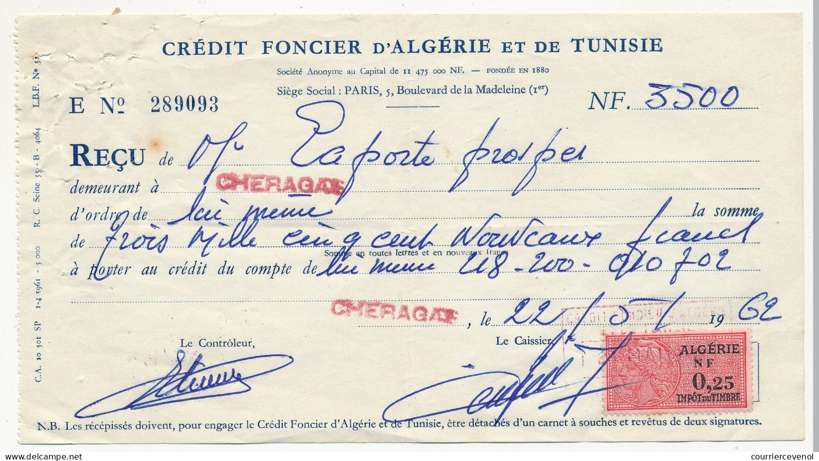 ALGERIE - 2 Traites Crédit Foncier D'Algérie Et De Tunisie - Fiscaux 0,25NF Algérie - 1962 - Sonstige & Ohne Zuordnung