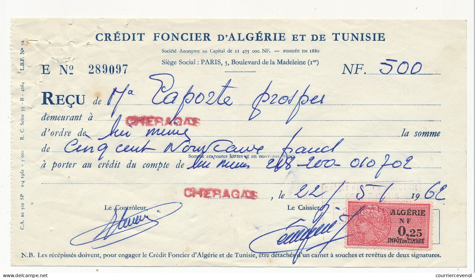 ALGERIE - 2 Traites Crédit Foncier D'Algérie Et De Tunisie - Fiscaux 0,25NF Algérie - 1962 - Altri & Non Classificati