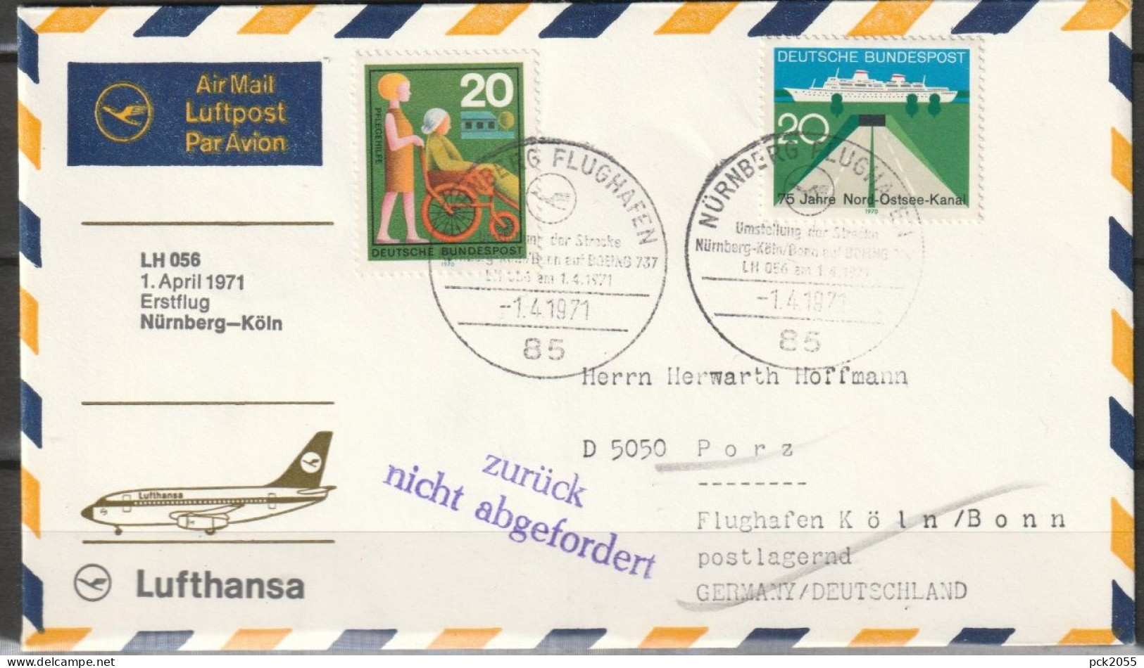 BRD Flugpost / Erstflug LH 056 Boeing 737 Nürnberg - Köln 1.4.1971 Ankunftstempel 1.4.1971  ( FP 44) - Premiers Vols