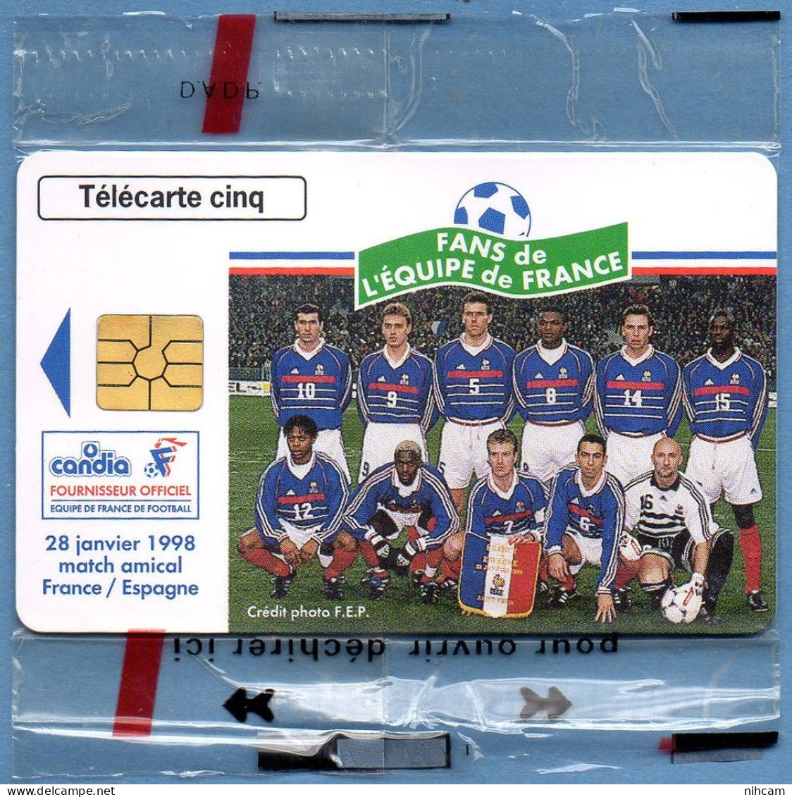 Télécarte France 5 U NSB Candia Equipe De France Football T2G 03/98 6500 Ex. Zidane Deschamps Bartez Thuram.... - 5 Einheiten
