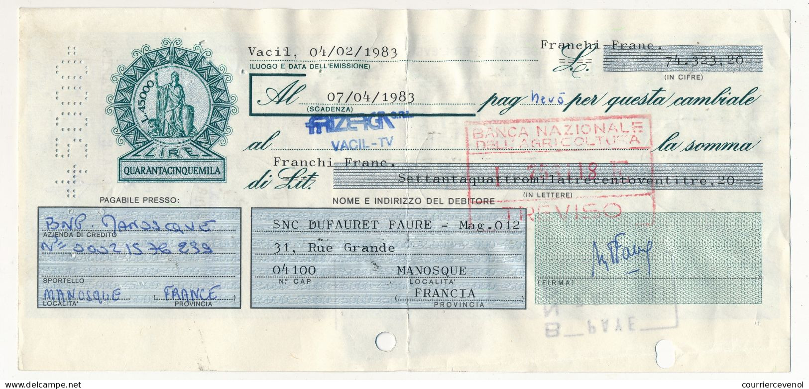 ITALIE / FRANCE - Traite Fiscaux Italiens Et Français 1,00F X 2 - 1983 - Trous D'archives - Unclassified