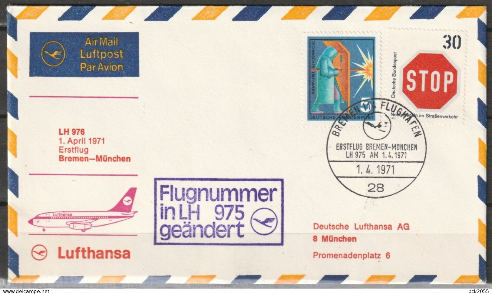BRD Flugpost / Erstflug LH 975 Boeing 737 Bremen - München 1.4.1971 Ankunftstempel 1.4.1971  ( FP 46) - First Flight Covers