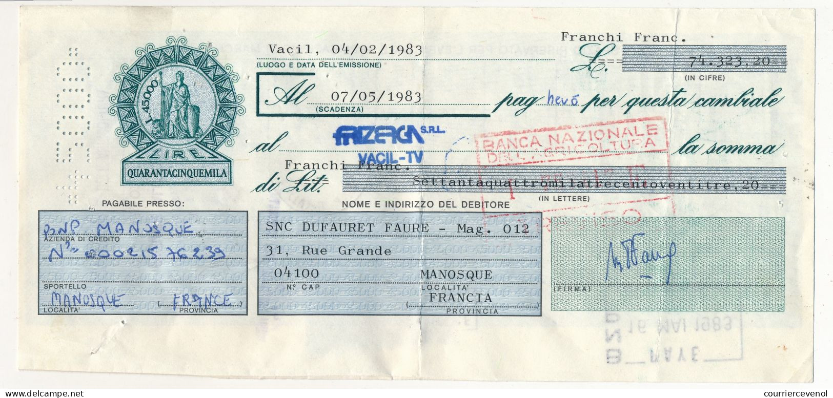 ITALIE / FRANCE - Traite Fiscaux Italiens Et Français 1,00F X 2 - 1983 - Non Classés
