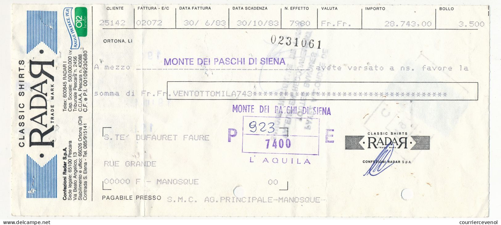 ITALIE / FRANCE - Traite Fiscaux Italiens Et Français 2,00F Type Daussy - 1983 - Ohne Zuordnung