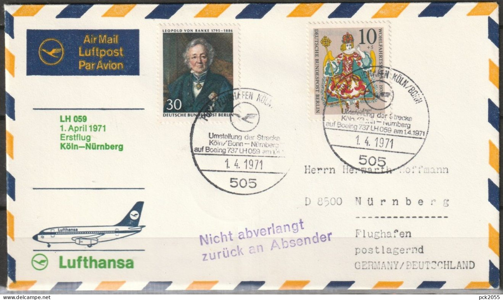 BRD Flugpost / Erstflug LH 059 Boeing 737 Köln - Nürnberg 1.4.1971 Ankunftstempel 1.4.1971  ( FP 47) - First Flight Covers