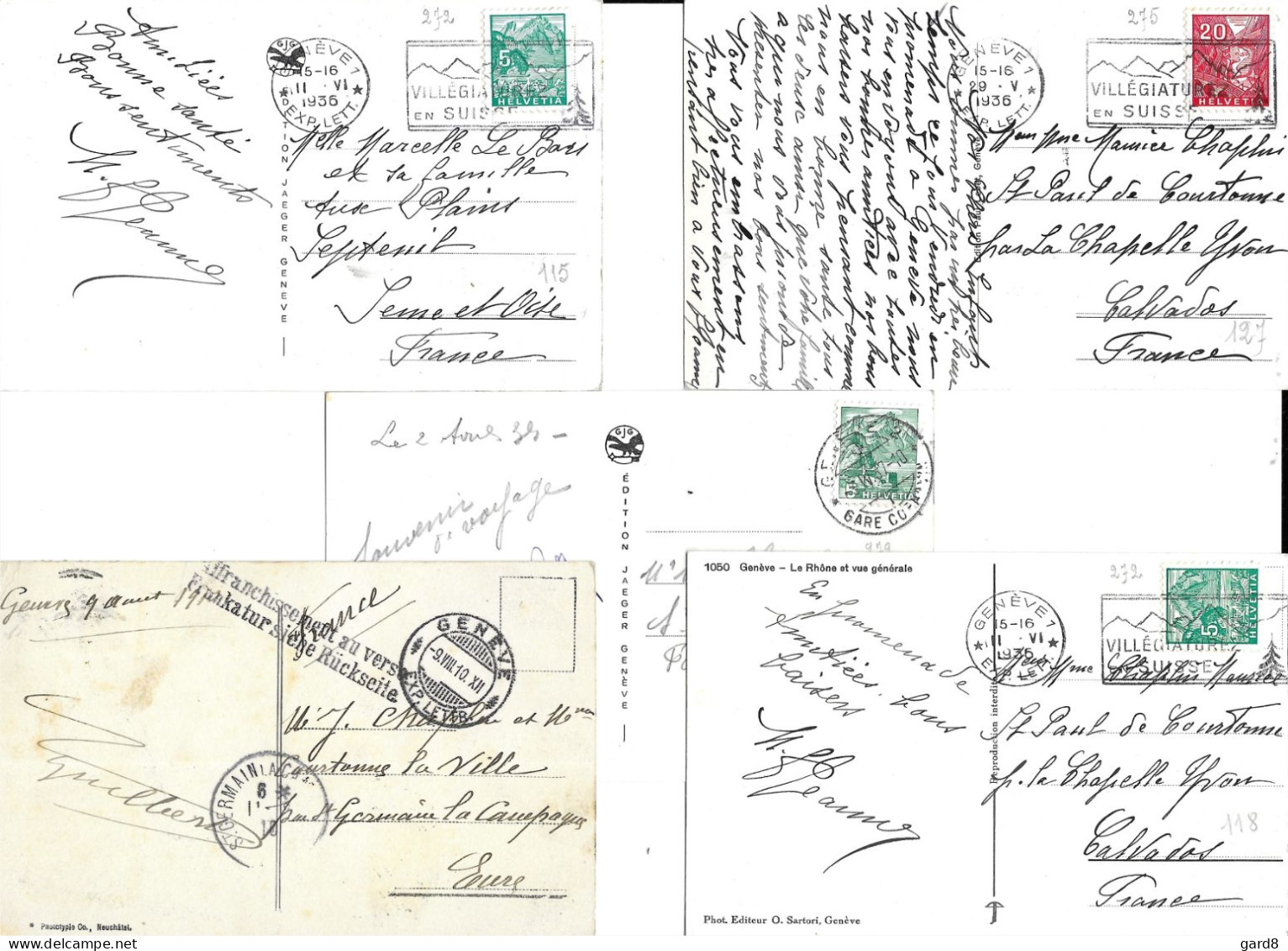 Lot De 5 Cp De Genève En 1910 Et 1936/37 - Collezioni E Lotti