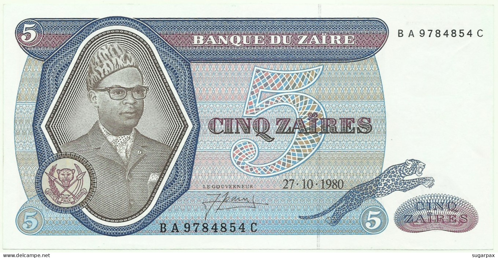 Zaïre - 5 Zaïres - 27.10.1980 - Pick 22.b -  Sign. 3 - Prefix B A , Sufix C - Mobutu - Zaïre