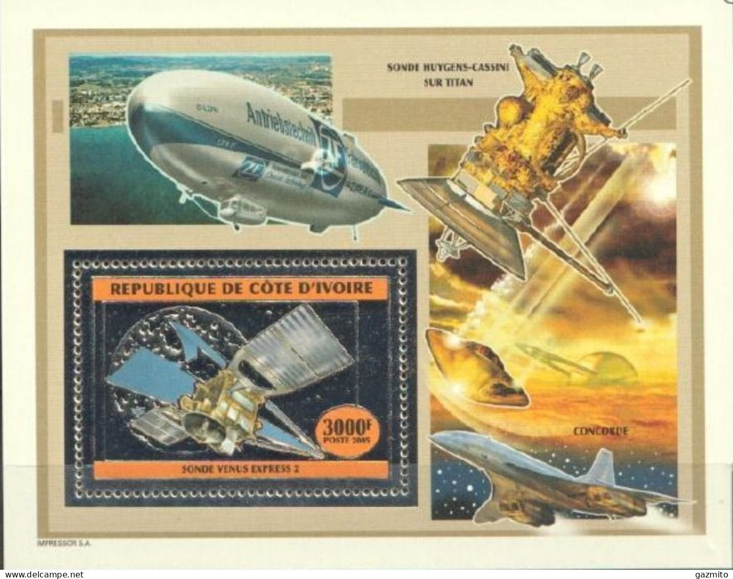 Ivory Coast 2005, Space, Sonda Venus Express 2, Dirigible, Concorde, BF SILVER - Côte D'Ivoire (1960-...)