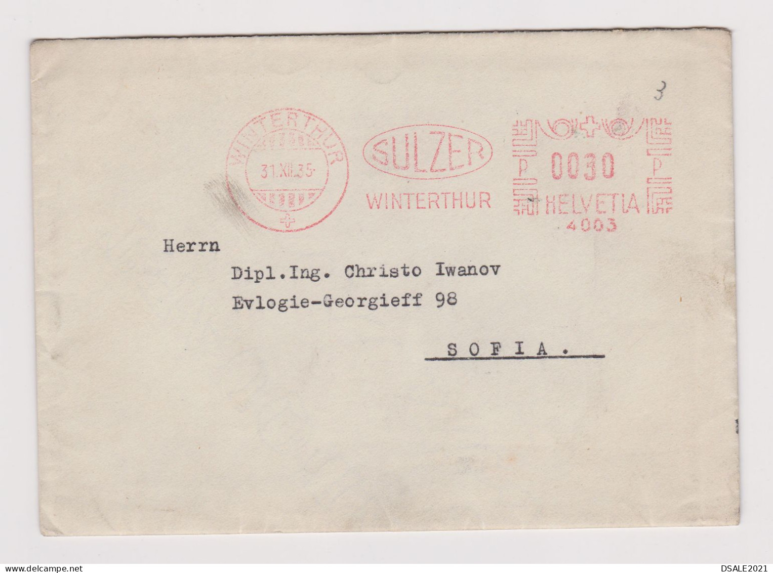 Switzerland Swiss Helvetia Cover 1935 Winterthur Machine EMA METER Stamp Cachet SULZER Sent Abroad To Bulgaria (66346) - Affranchissements Mécaniques