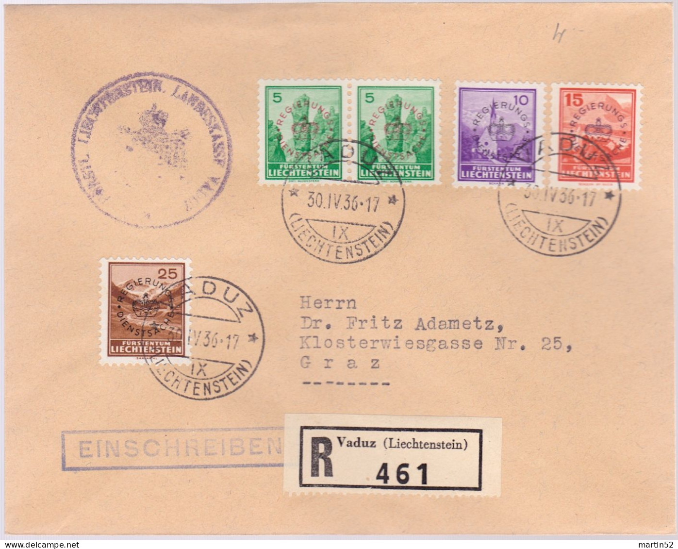 Liechtenstein 1936: REGIERUNGS-DIENSTSACHE Zu 11-13+16 Mi 11-13+15b Auf R-Brief Mit Stempel VADUZ 30.IV.36 Nach Graz - Dienstzegels