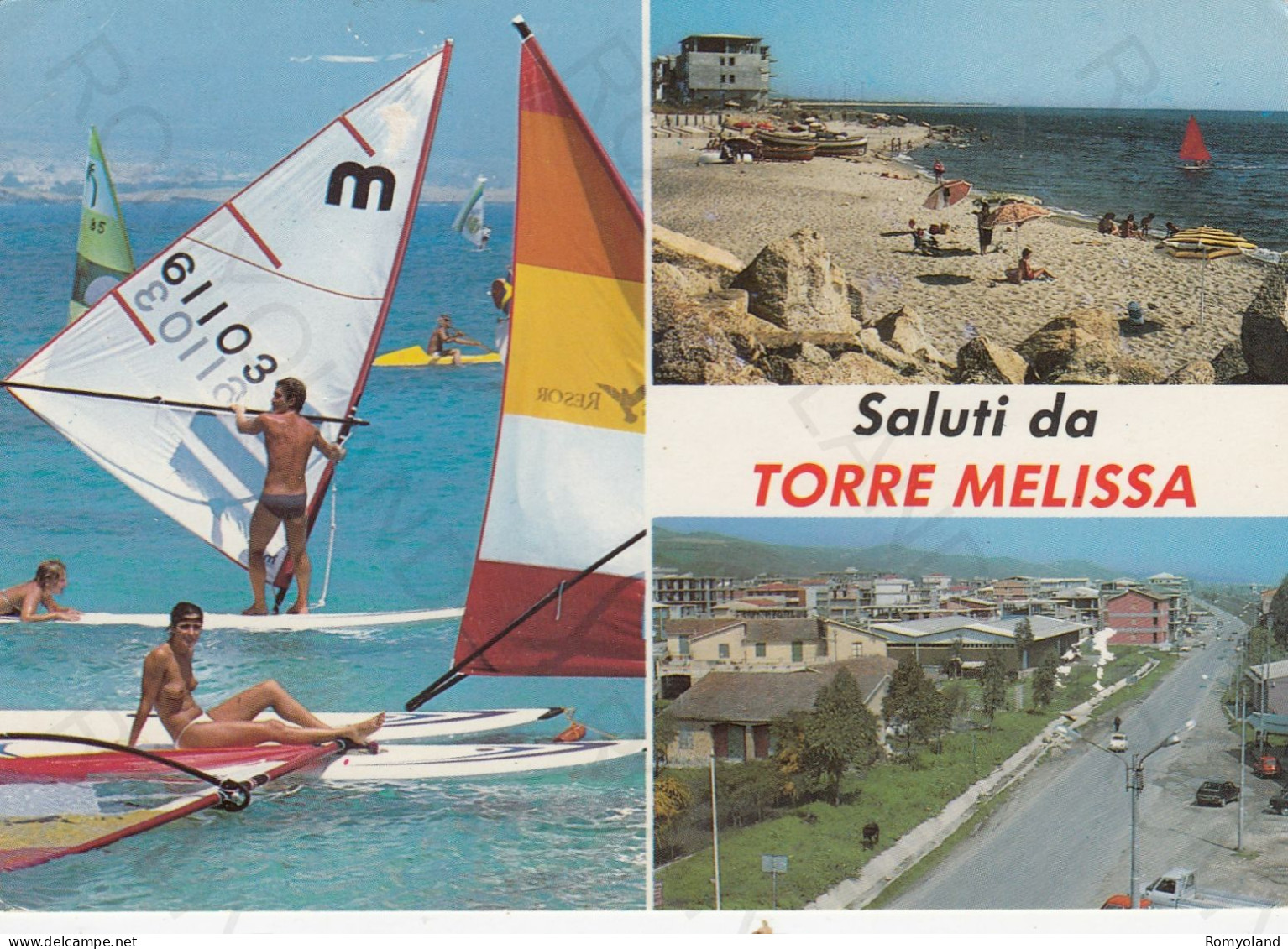 CARTOLINA  TORRE MELISSA,CROTONE,CALABRIA-SALUTI-MARE,SOLE,ESTATE,SPIAGGIA,VACANZA,BARCHE,BELLA ITALIA,VIAGGIATA 1988 - Crotone