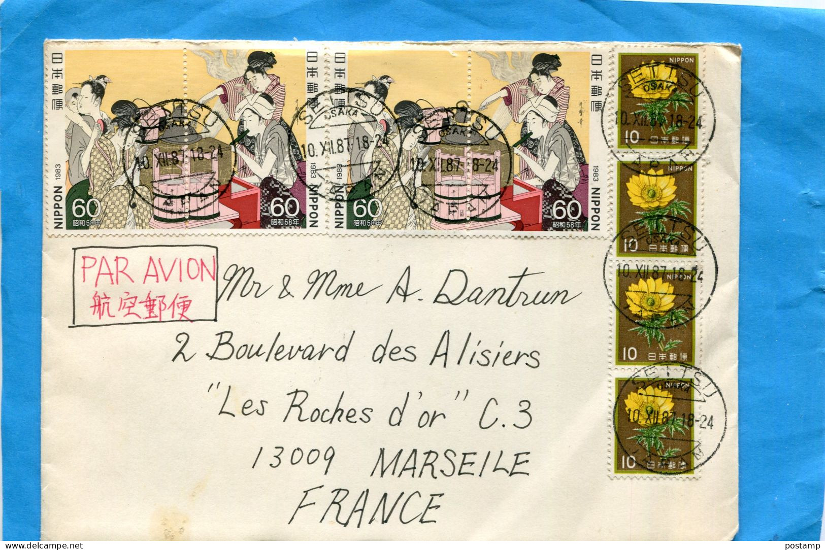 MARCOPHLIE-LettreJAPON Pour France-cad SETTSU 1987  6 Stamps N°1448 Femmes En Cuisine+4 Flowers - Covers & Documents