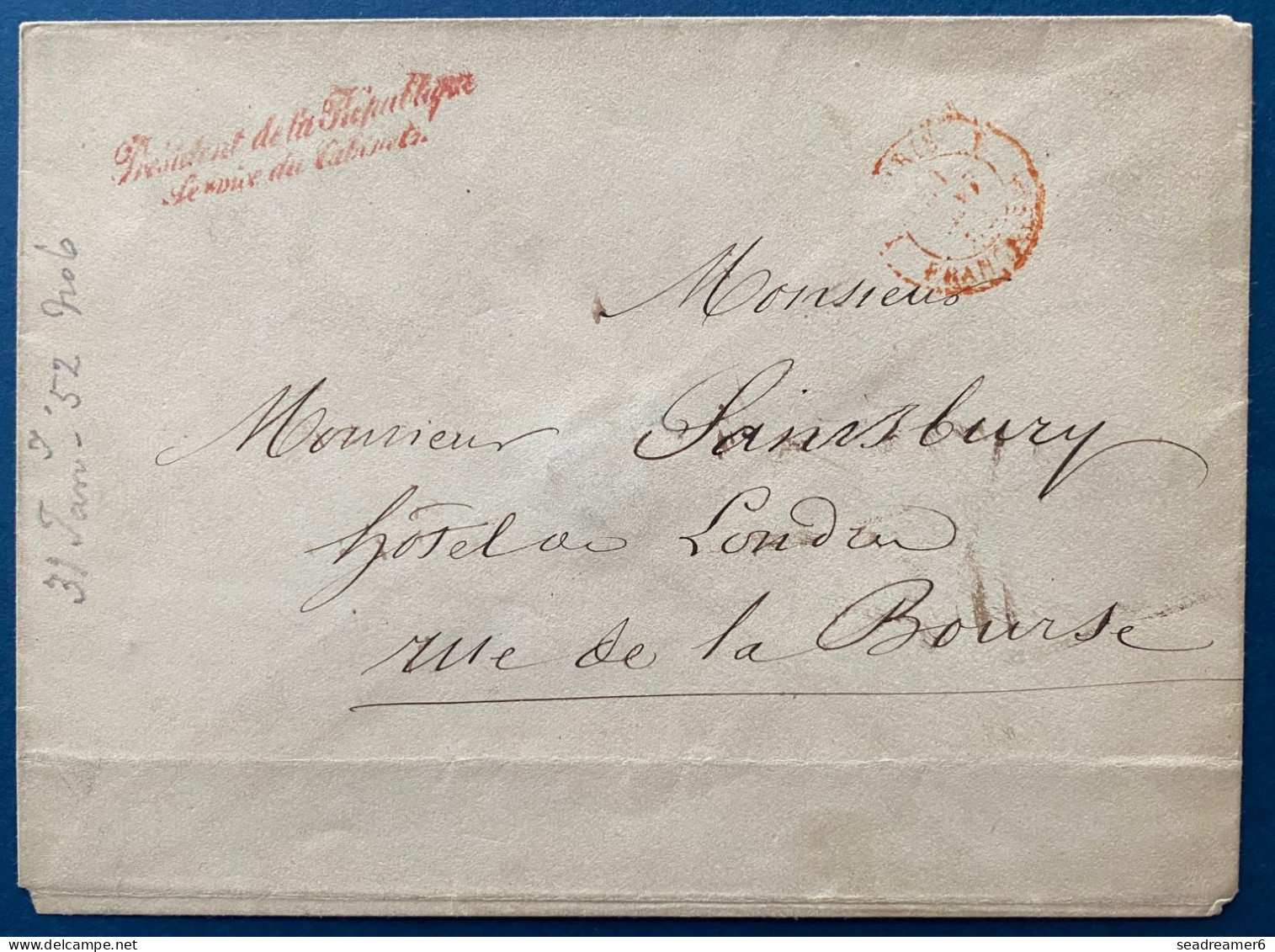 Lettre En Franchise 31 Janv 1852 Griffe Rouge (2392 Legendre) " President De La République / Service Du Cabinet " RR - 1852 Luis-Napoléon