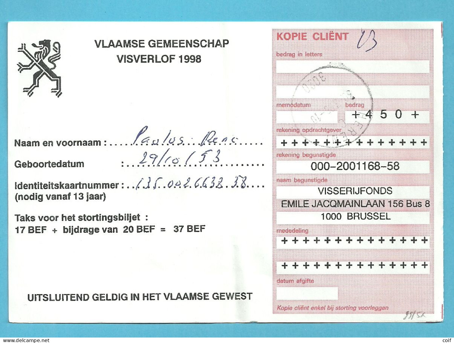 2559 Op VISVERLOF / PERMIS DE PECHES / VLAAMSE GEMEENSCHAP 1998 Met Stempel HERENT - 1993-2013 Rey Alberto II (MVTM)