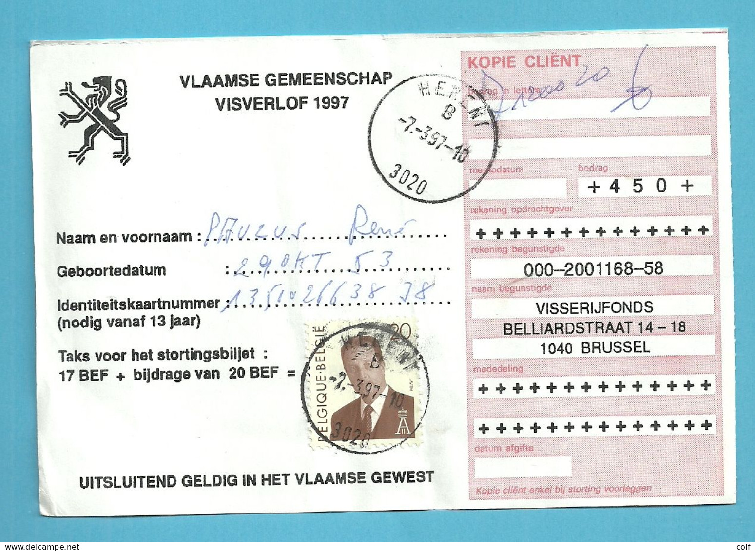 2559 Op VISVERLOF / PERMIS DE PECHES / VLAAMSE GEMEENSCHAP 1997 Met Stempel HERENT - 1993-2013 Roi Albert II (MVTM)