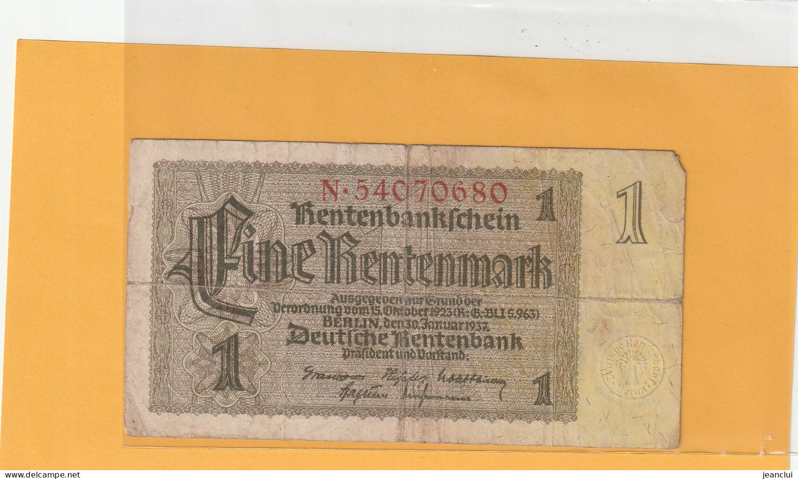 RENTENBANKSCHEIN  .  1 RENTENMARK  .  30-1-1937  .  N°  N.54070680  .  2 SCANES - 1 Rentenmark