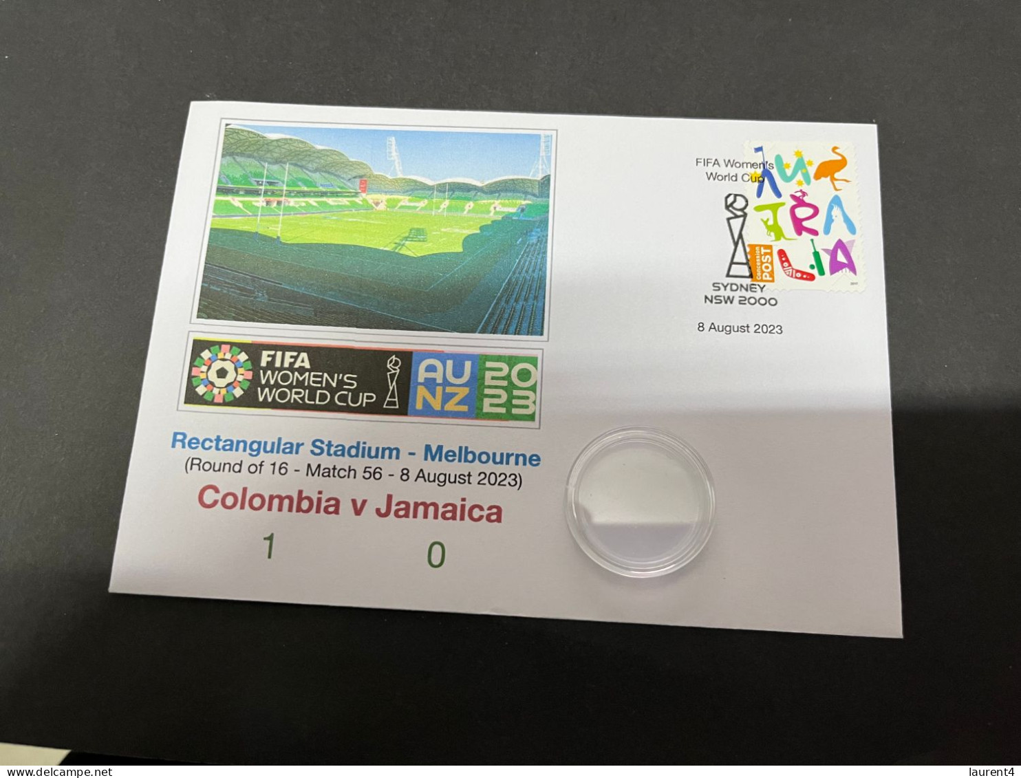 9-8-2023 (2 T 2) FIFA Women's Football World Cup Match 56 (stamp + $ 1.00 Coin) Colombia (1) V Jamaica (0) - Dollar