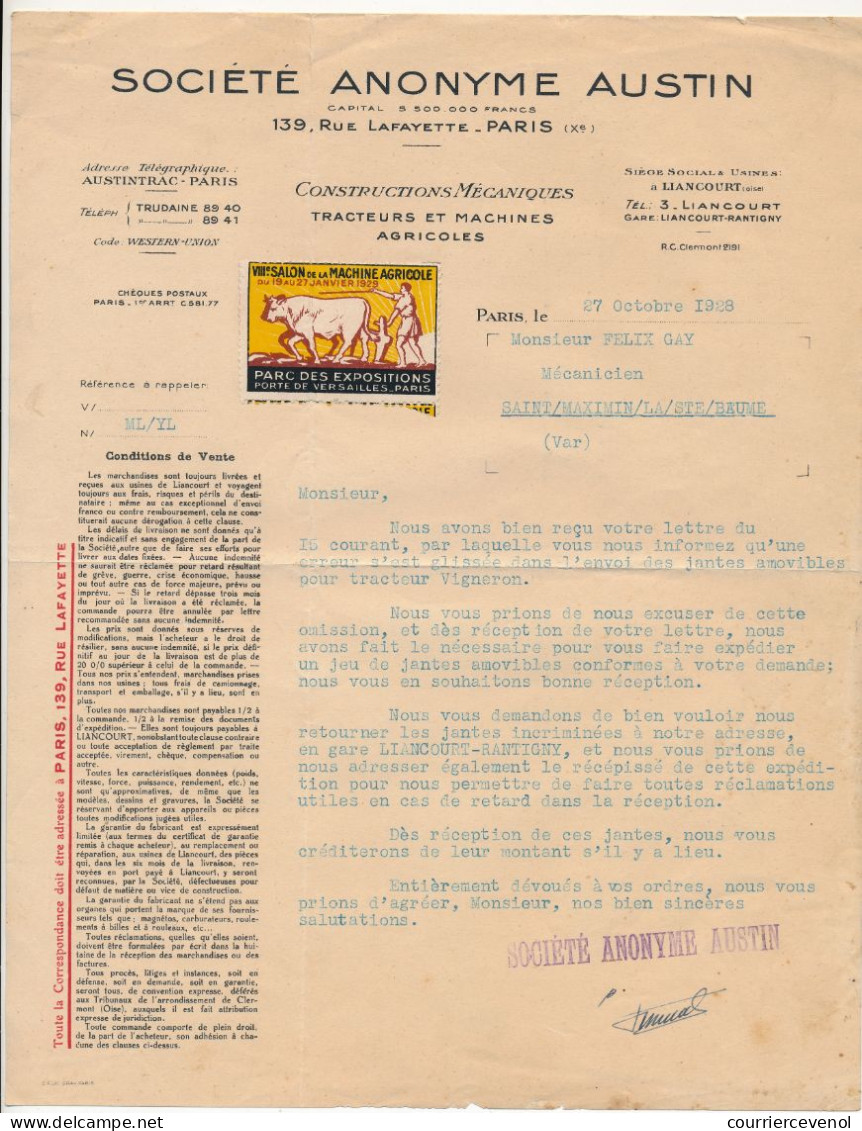 FRANCE - Lettre Société Anonyme AUSTIN Constructions Mécaniques / Vignette VIII° Salon Machine Agricole Paris 1929 - Lettere