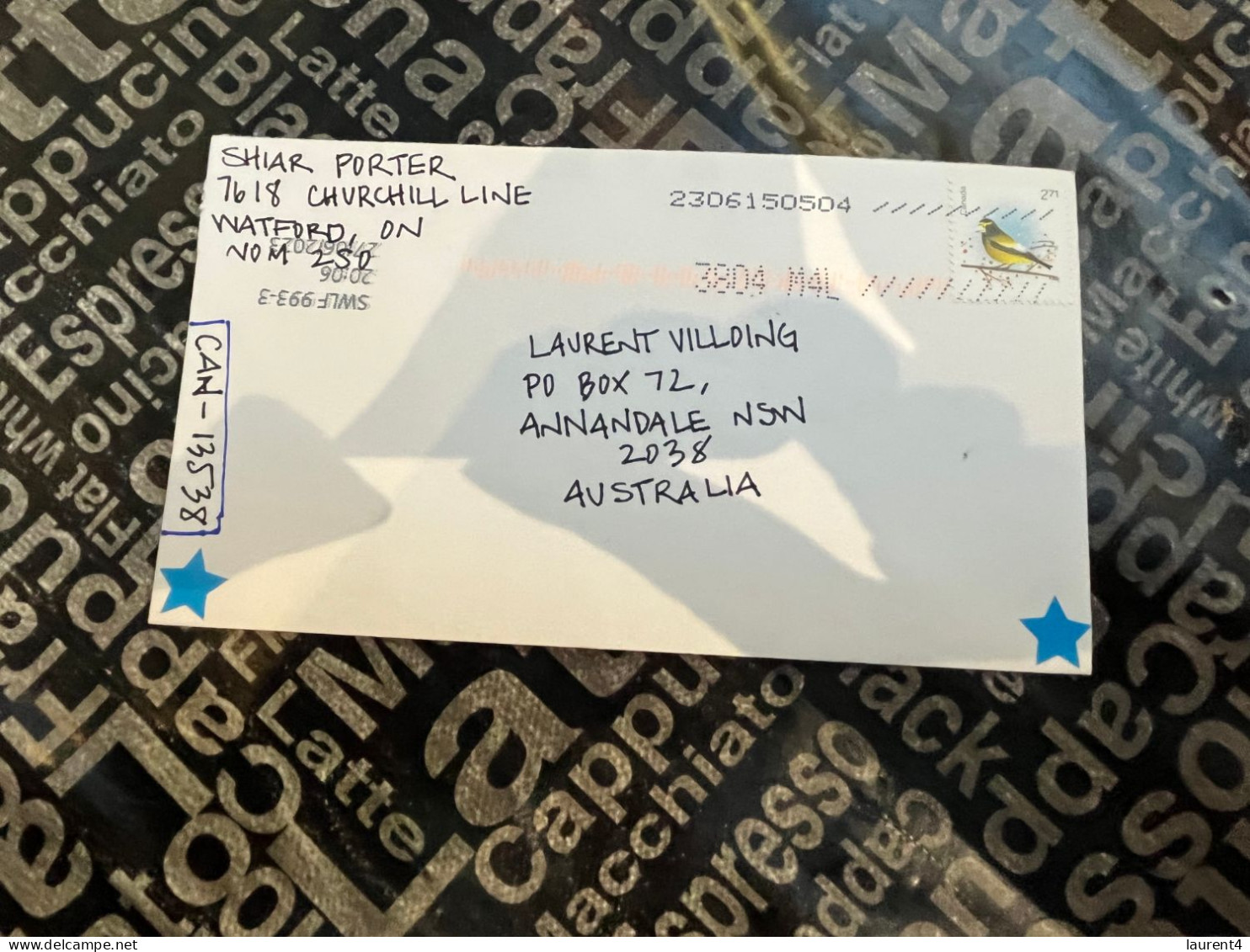 9-8-2023 (2 T 4) Letter Posted From Canada To Australia (bird Stamp) - Cartas & Documentos