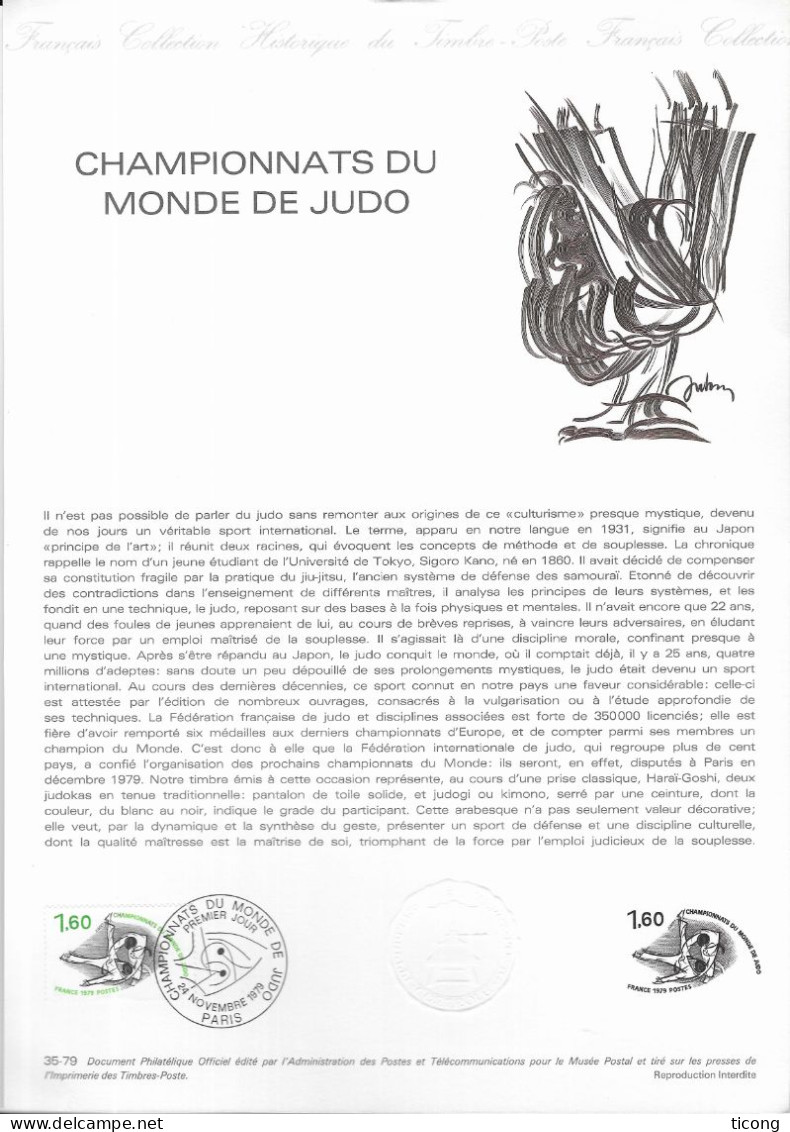 CHAMPIONNAT DU MONDE DE JUDO, DOCUMENT PHILATELIQUE OFFICIEL PARIS 1979, CACHET 1ER JOUR, DOCUMENT A SAISIR, A VOIR - Judo