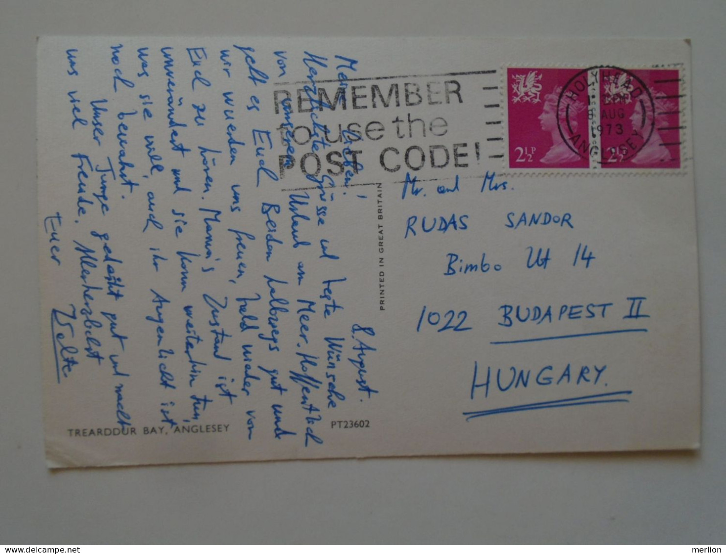 D197176     UK -   Wales - Anglesey - Trearddur Bay   Cancel Holyhead 1973  Sent To Hungary  Rudas - Anglesey