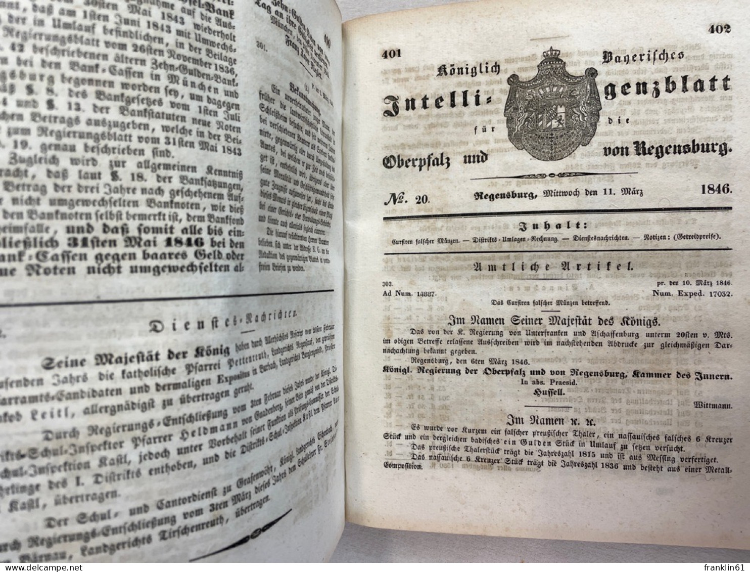 Königlich Bayerisches Intelligenzblatt für die Oberpfalz und von Regensburg. Auf das Jahr 1846. 1.Halbjahr.