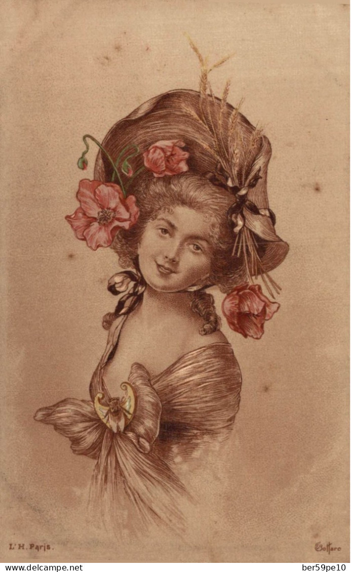 ILLUSTRATEUR BOTTARO BELLE FEMME ELEGANTE AU CHAPEAU FLEURI - Bottaro