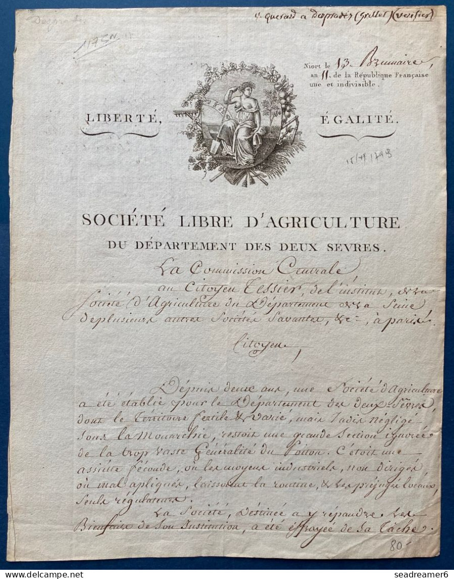 4 Novembre 1803  Lettre Décorative Ornée De La SOCIÉTÉ LIBRE D'AGRICULTURE Des Deux SEVRES Signé GRELLET DESPRADES - Non Classificati