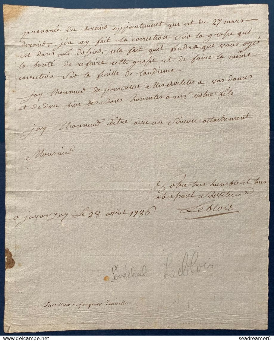 28 Avril 1786 Lettre Du Sénéchal Michel Joseph LEBLOIS Avocat Au Parlement Vivant à JAVARZAY TTB - Non Classés