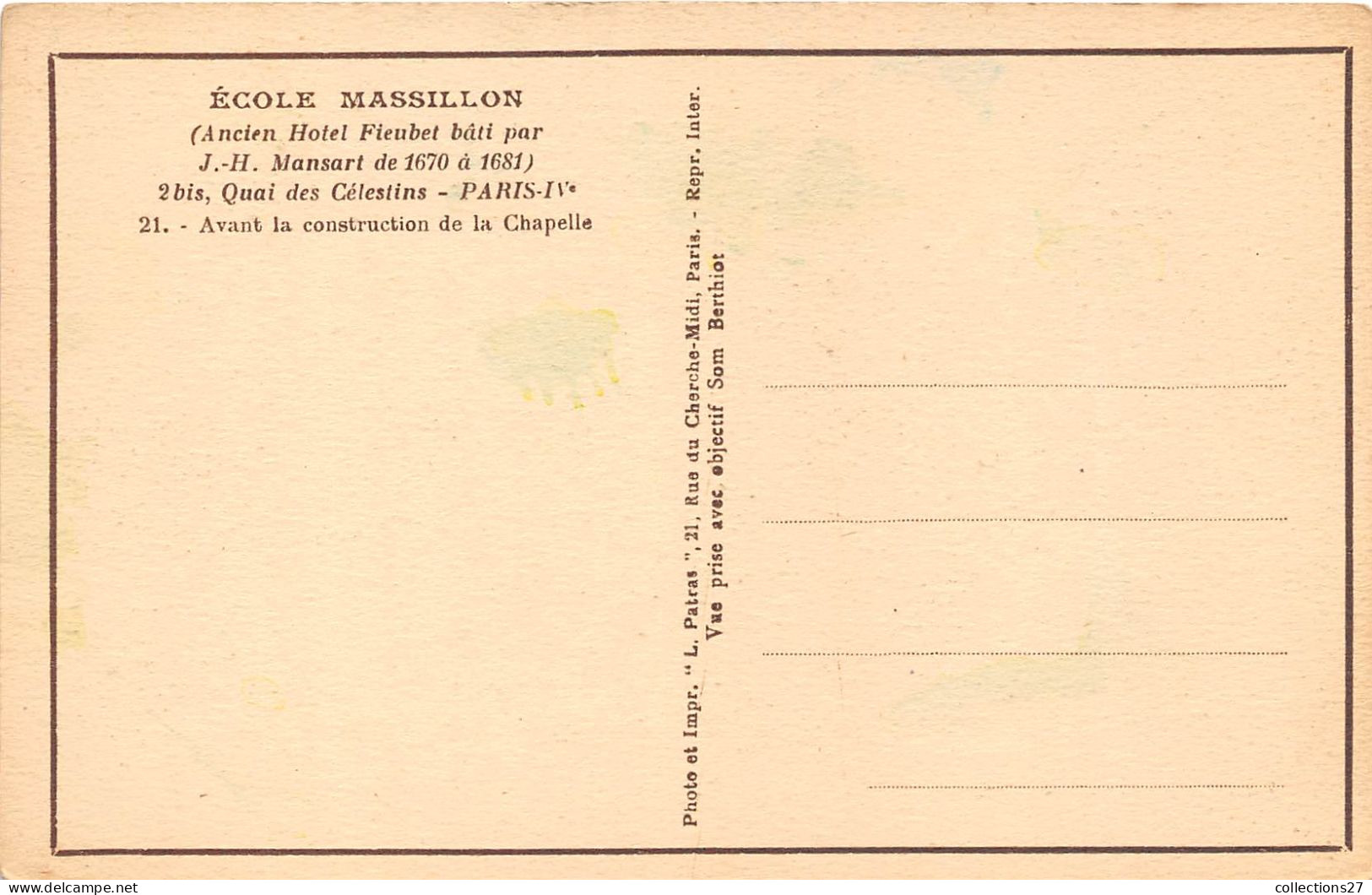 PARIS-75004- 13 CARTES ECOLE MASSILLON 2 BIS QUAI DES CELESTIN (ANCIEN HÔTEL FIEUBET BÂRI PAR J.H MANSART DE1670 168 - Enseignement, Ecoles Et Universités