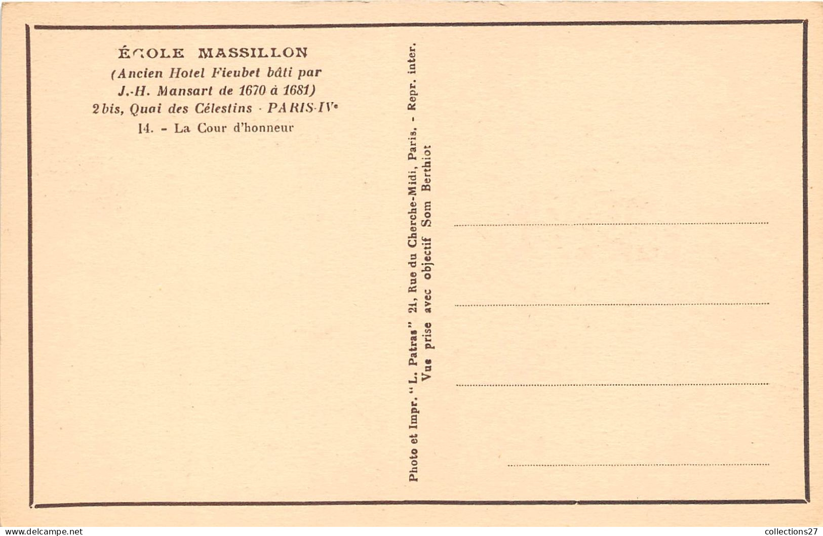 PARIS-75004- 13 CARTES ECOLE MASSILLON 2 BIS QUAI DES CELESTIN (ANCIEN HÔTEL FIEUBET BÂRI PAR J.H MANSART DE1670 168