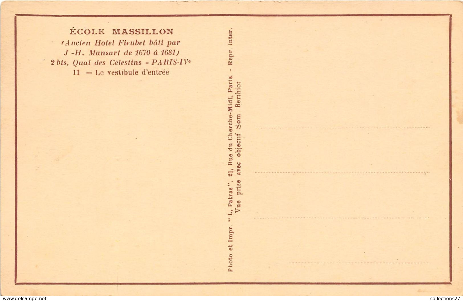 PARIS-75004- 13 CARTES ECOLE MASSILLON 2 BIS QUAI DES CELESTIN (ANCIEN HÔTEL FIEUBET BÂRI PAR J.H MANSART DE1670 168